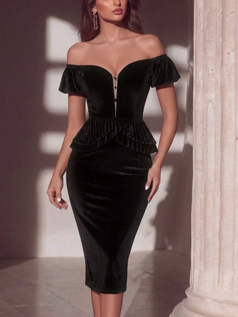 Off-Shoulder Black Velvet Peplum Midi Dress
